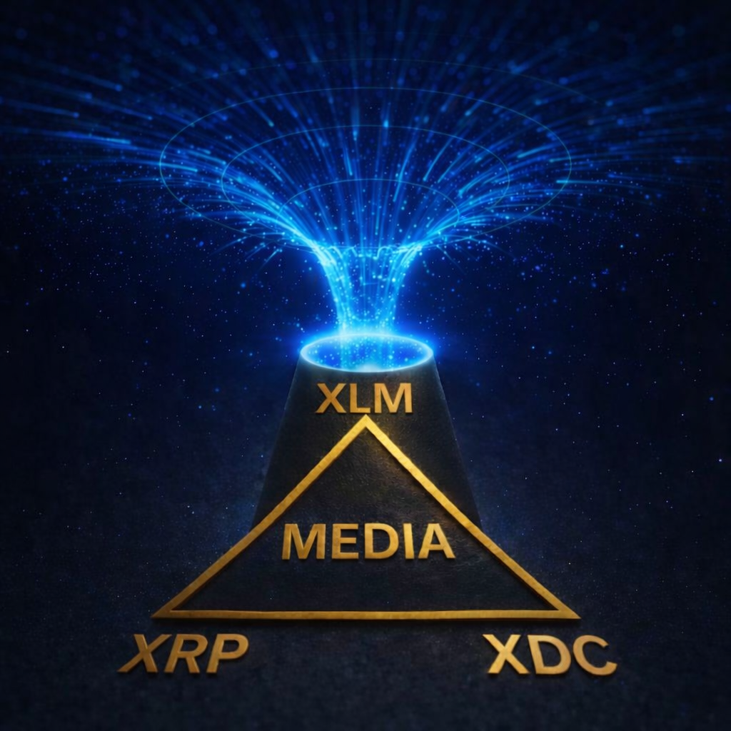 Blue black hole portal teleporting a person to XLM Media; XLM at the top of a gold triangle, XRP bottom left, XTC bottom right, with "Media" at the center.